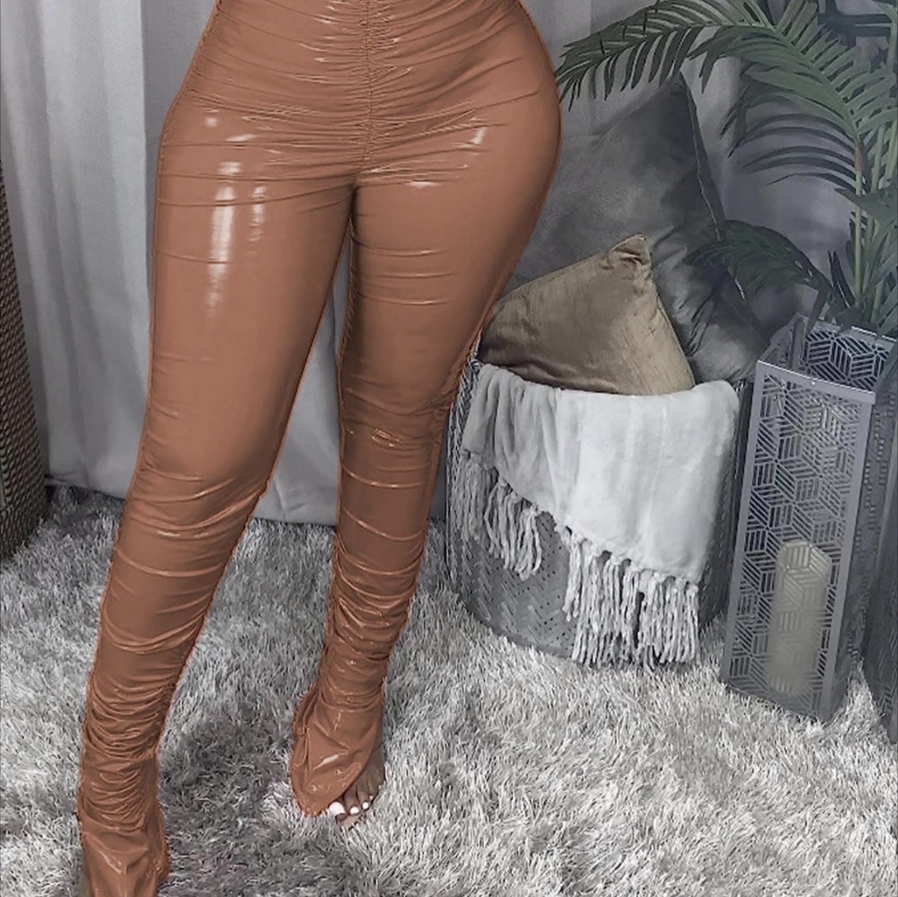Women's Pleated PU Leather Pants High Wasit Bodycon Ruched Split Hem Faux Leathe